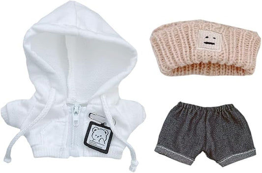 niannyyhouse 10cm-15cm Plush Doll Clothes Headband Coat Jeans Compatible with 17cm Labubu Doll (White+Black)