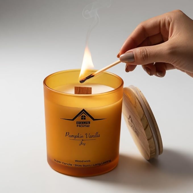 Exus Hand Crafted, Soy Wax, Wood Wick, Aromatic Candle. Non-Toxic (Pumpkin Vanilla/Joy)