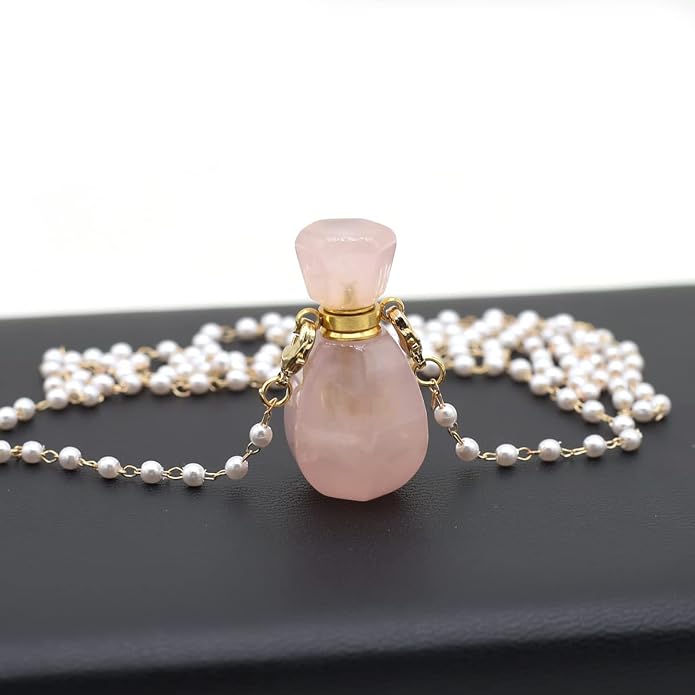1pcs Natural Rose Quartz Stone Perfume Bottle Pendant Pearl Bead Chain Rectangle Heart Necklace for Women Jewelry Free Accessory Glasses