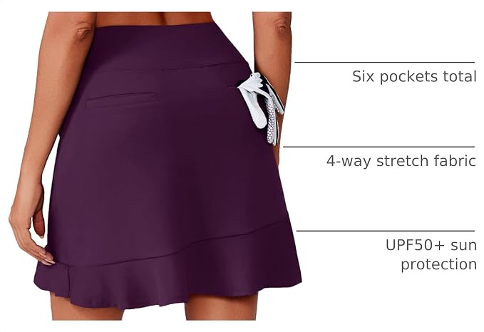 PINSPARK 18" Golf Skorts for Women with 6 Pockets Ruffle Athletic Skort | Above the Knee,High Waist,UPF 50+,4-way Stretch,Lightweight,Ruffle Hem,Tennis,Casual,Work,Pickleball