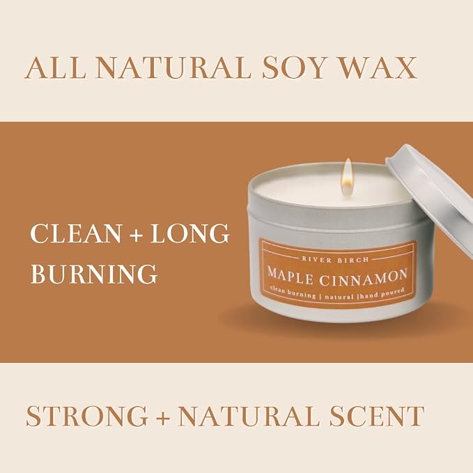 River Birch Candles Maple Cinnamon Scented Candle | Premium, All-Natural, Non-Toxic, Soy Candles | 8 oz. Silver Tin Travel Candle | Cozy Relaxing Gifts for Home