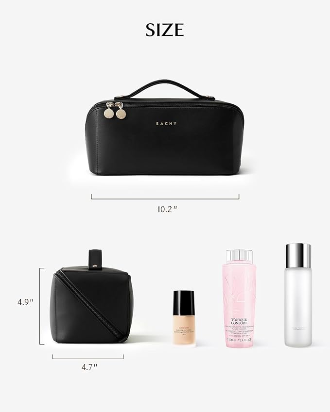 EACHY Travel Makeup Bag, Large Capacity Cosmetic Bag for Women, Waterproof PU Leather, Flat Open Portable Toiletry Bag for Skincare, Brushes & Travel Essentials