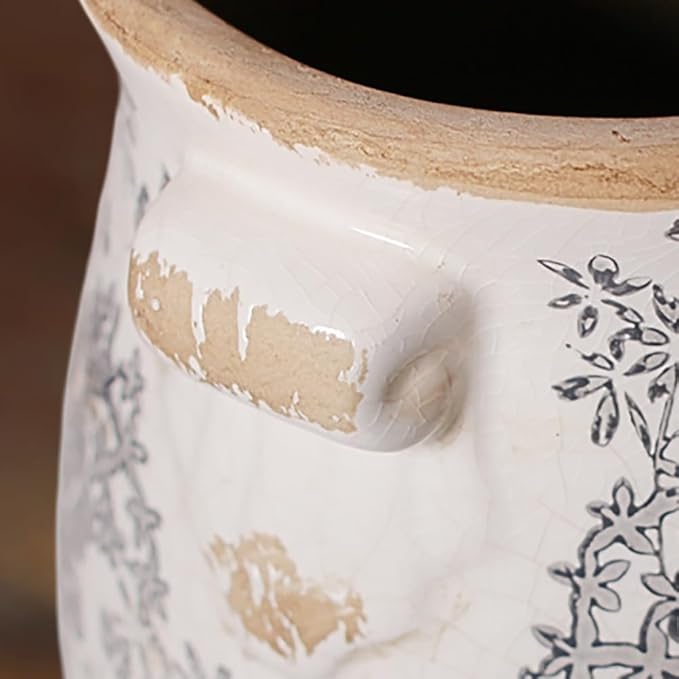 Tuscan Ceramic Planter & Vase, 6.68" Indoor/Outdoor Decorative Plant Pot | Unique Boho Flower Pot with Drainage, French Country Decor, Room & Home Ornament, Plant Gifts for Women, Vintage Grey