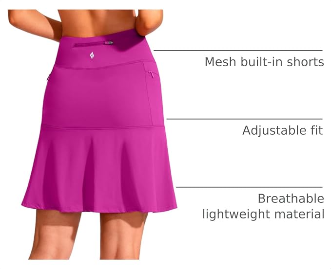 19" Ruffled Golf Skirts for Women | 3 Zipper Pockets, Knee Length, High Waisted, Long Skorts for Athletic, Casual, Tennis, Pickleball