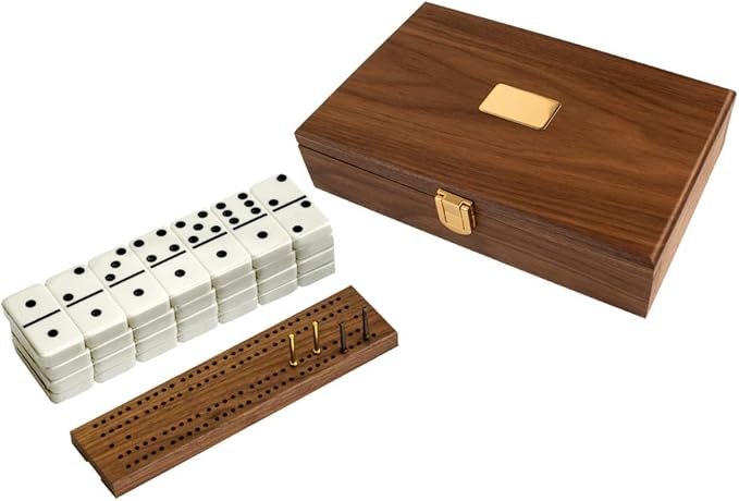Alex Cramer Cabin Club Classic Domino Set with Black Walnut Case - Premium Quality 28 Indestructible Double-Six Dominoes (Domino Set with Personalized Brass Plate)