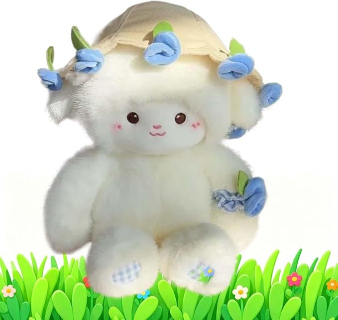 Baby Sheep Bouqet, Rose Bouquet Lamb Plush Toy, Hand Cute Stuffed Sheep with Flower, Emotional Support Animal Desk Decor, Soft Cuddly Pillow with Removable Hat (Blue,15.8 in)