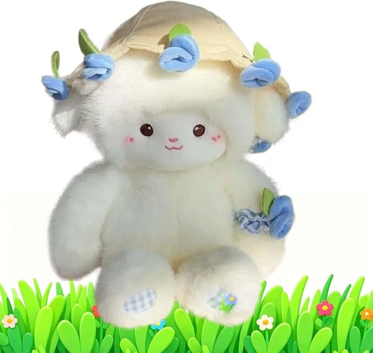 Baby Sheep Bouqet, Rose Bouquet Lamb Plush Toy, Hand Cute Stuffed Sheep with Flower, Emotional Support Animal Desk Decor, Soft Cuddly Pillow with Removable Hat (Blue,11.8 in)