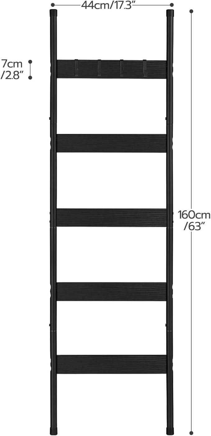 HOOBRO Blanket Ladder, 5-Tier Towel Rack with Hooks, Wall-Leaning Blanket Rack, Decorative Display Ladder Shelf, Scarves, Industrial, Living Room, Bedroom, Black BB52CJ01