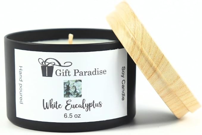 White Eucalyptus Soy Wax Candle in Black Metal Tin, 6.5 oz, Cotton Wick, Eucalyptus Mist, Fresh, Cooling Eucalyptus