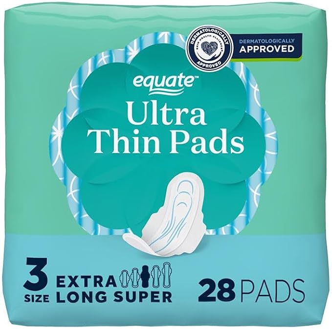 Equate Ultra Thin Pads with Wings, Extra Long Super Absorbency, Size 3, Unscented, Fragrance-Free, 28 Count