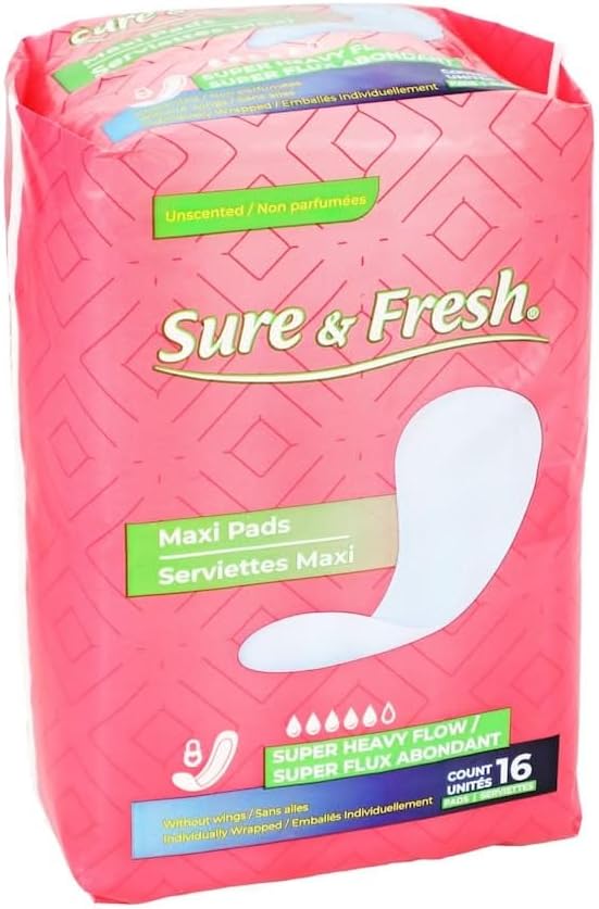 Sure & Fresh® Maxi Pads, Super Heavy Flow, Unscented, Without Wings, Individually Wrapped, 2 Pack of 16 Count