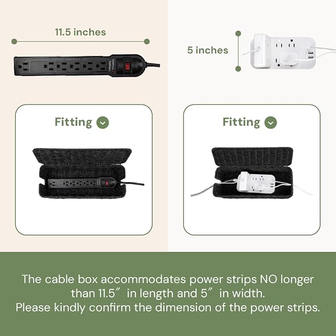 Cable Management Box, Handmade Rattan Cable Organizer with 2 Open Slots, Cord Hider for Power Strip, Router & USB Hub, Registered U.S. Design Patent (D1,112,102), 13" x 5.1" x 5.1", Black