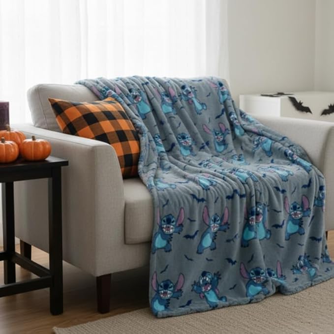 Jay Franco Kids Halloween Plush Throw Blanket – 50x70 Inch Ultra Soft & Comfy Fleece Throw for Couch, Sofa, Bed – Cozy Home Décor for Living Room & Bedroom, Grey - Lilo & Stitch,