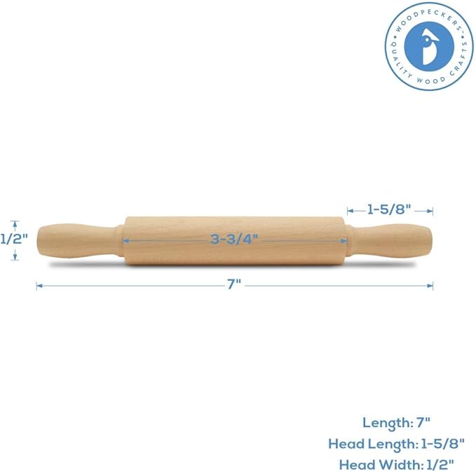 Wooden Mini Rolling Pin, 7 Inches Long, Pack of 12, Perfect for Fondant, Pasta, Baking in the Kitchen, Crafting by Woodpeckers