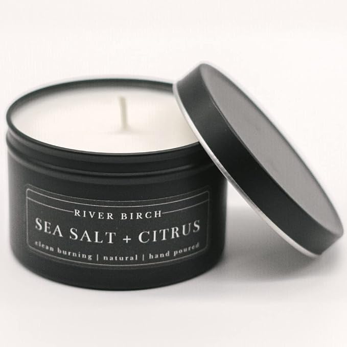 River Birch Candles Sea Salt + Citrus Scented Candle | Premium, All-Natural, Non-Toxic, Soy Candles | 8 oz. Black Matte Tin Travel Candle | Cozy Relaxing Gifts for Home