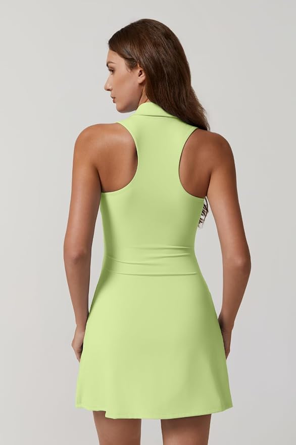 QINSEN Womens Zip Front Tennis Dress Polo Collar Racer Back Workout Golf Dresses Build in Shorts with Pockets