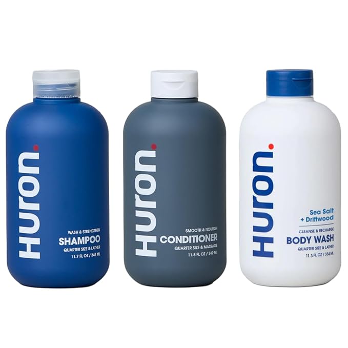 Huron Men’s Shower Kit – Shampoo, Conditioner & Body Wash with Sea Salt + Driftwood Scent, Hydrating, Phthalate-Free, non-toxic Ingredients for Hair & Skin Care, 12 fl oz (Pack of 3)