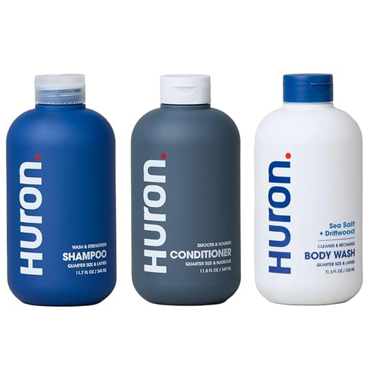 Huron Men’s Shower Kit – Shampoo, Conditioner & Body Wash with Sea Salt + Driftwood Scent, Hydrating, Phthalate-Free, non-toxic Ingredients for Hair & Skin Care, 12 fl oz (Pack of 3)