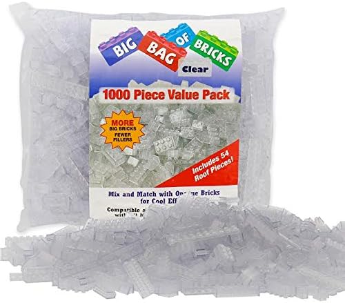 SCS Direct Building Block Bricks - 1000 Pc Bulk Set of Unique Clear Color with 54 Roof Pieces - Great for Activity Tables, Creativity & School Projects
