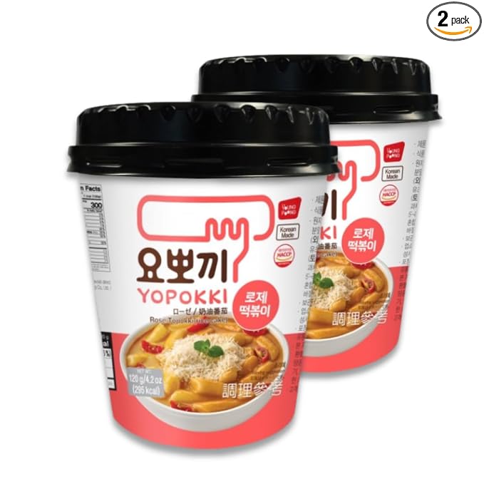 Yopokki Instant Tteokbokki Rice Cakes Korean, Rose Topokki Cup - Great with Cheese and Ramen Toppings, Korean Snacks for College Dorm, Korean Street Food Quick & Easy to Prepare, Pack of 2