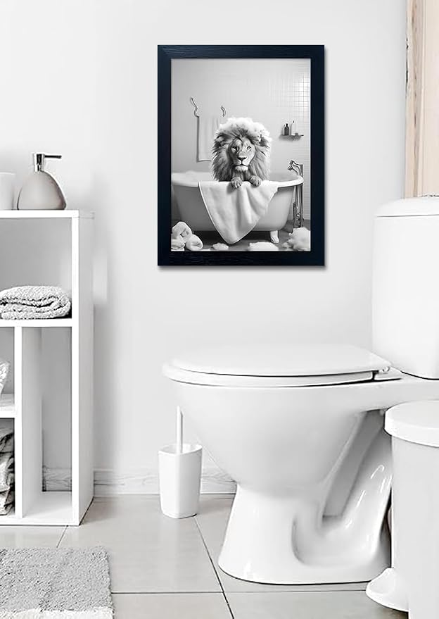 Framed Black and White Lion Wall Art Bathroom Pictures Wall Decor Funny Bathroom Wall Art Animal Canvas Print Artwork