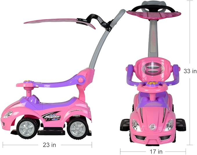 ChromeWheels Push Cars for Toddlers, 3 in 1 Ride on Push Car with Removable Canopy, Ride on Toys Mega Car w/Handle & Horn & Music, Pink