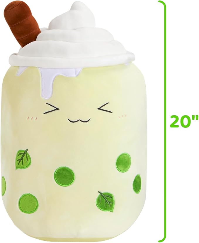 Athoinsu Green Boba Tea Plush Pillow 20'' Giant Kawaii Matcha Milky Stuffed Bubble Animal Toy Birthday Christmas Holiday Valentines Gifts for Kids,Girls,Boys