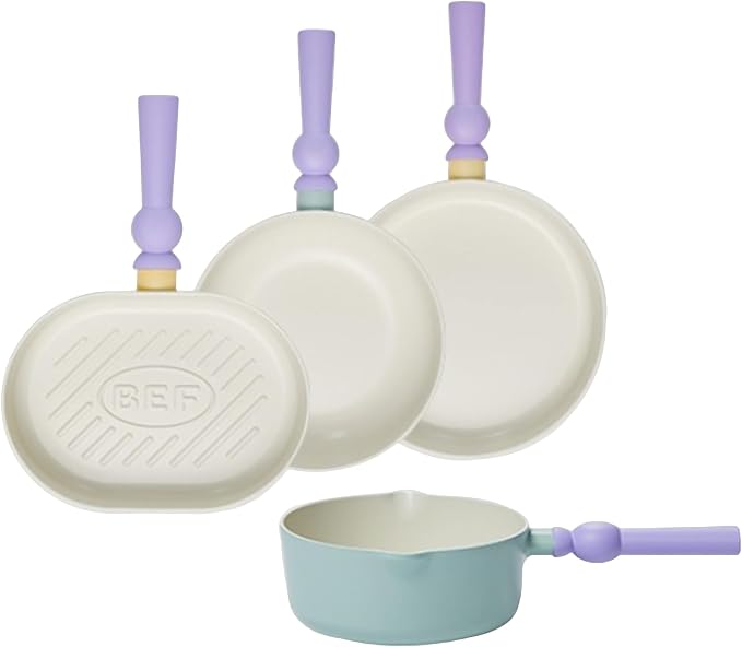 Neoflam Better Finger Cookware Set - Mint and Yellow, All-in-One 4-Piece Ceramic Coating Kitchen Woks and Pans