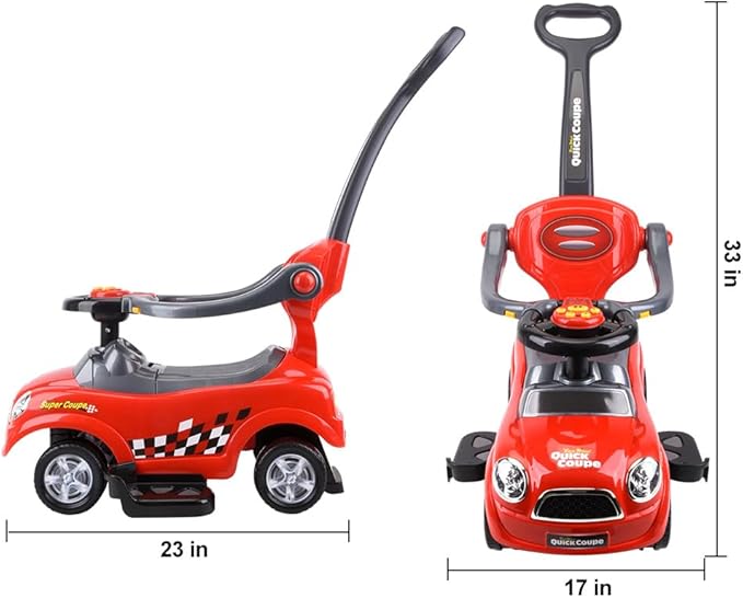 ChromeWheels 3 in 1 Ride on Push Car for Toddlers with Removable Handle/Guardrails/Pedal, Horn, Music, Under Seat Storage (Red)