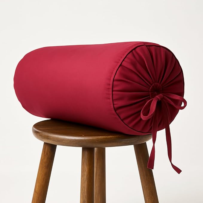 Round Bolster Cover Cervical Neck Roll Cotton Pillowcase for Cylindrical Pillow with Drawstring Closure Neck Pillow case 6" x 18" (15 x 45 cm) Burgundy