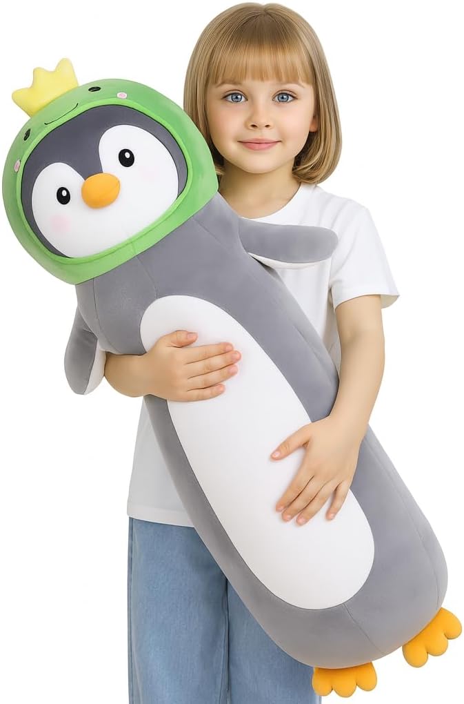 36 inch Long Penguin Plush Pillow Toy Soft Stuffed Animal with Cute Dinosaur, Cuddle Sleeping Body Pillow Penguin Plushies Gifts for Kids Boys Girls, Birthday