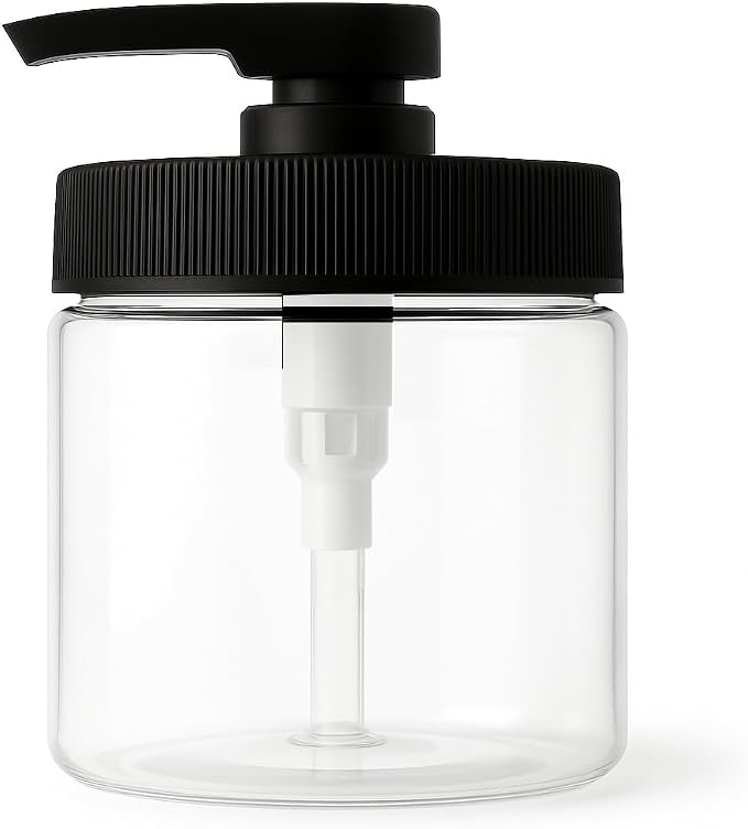 Royal Massage 16oz Refillable Pump Jar with Locking Dip Tube Dispenser – BPA-Free Plastic Container for Massage Oils, Lotions, Creams – Ribbed Lid Wide-Mouth Jar – Durable & Reusable (Clear/Black, 3)
