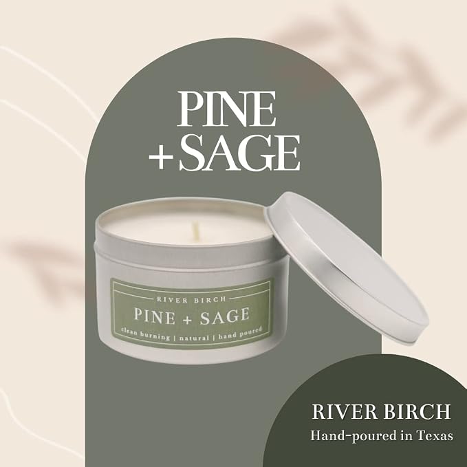 River Birch Candles Pine + Sage Scented Candle | Premium, All-Natural, Non-Toxic, Soy Candles | 8 oz. Silver Tin Travel Candle | Cozy Relaxing Gifts for Home