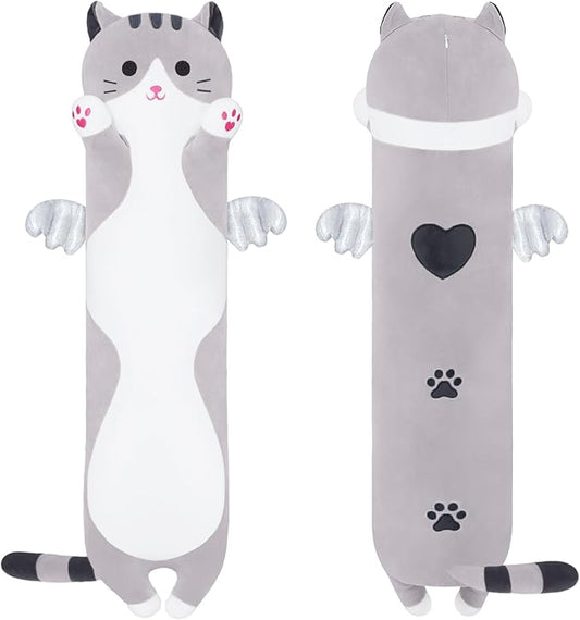 Soft Plush Pillow, Grey Long Kitten Plushie Kawaii Cat Stuffed Toy for Kids (90cm/35.4inch)