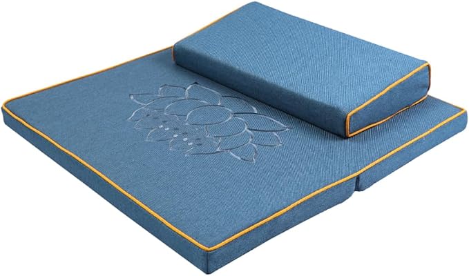 Portable Foldable Meditation Cushion Mat Set with Washable Cotton Linen Cover, Larger Thick Yoga Mat Bolster Floor Pillows Seating for Adults Meditation Accessories blue-70cm