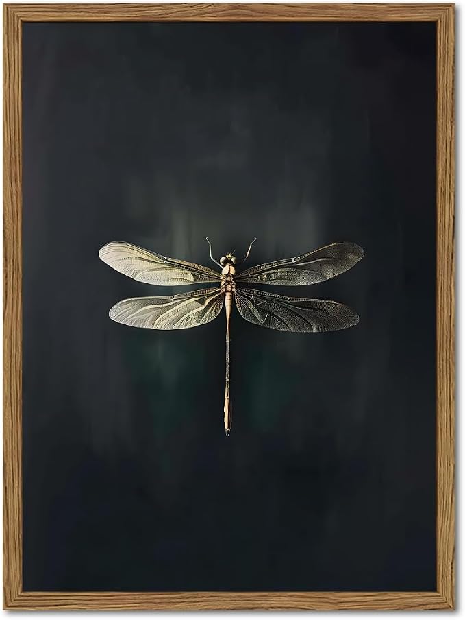 Dark Academia Dragonfly Wall Art Vintage Bug Wall Decor Pictures Whimsical Nature Insect Poster Canvas Print Moody Dragonfly Painting Artwork for Bedroom Living Room 12x16 inch Wood Framed