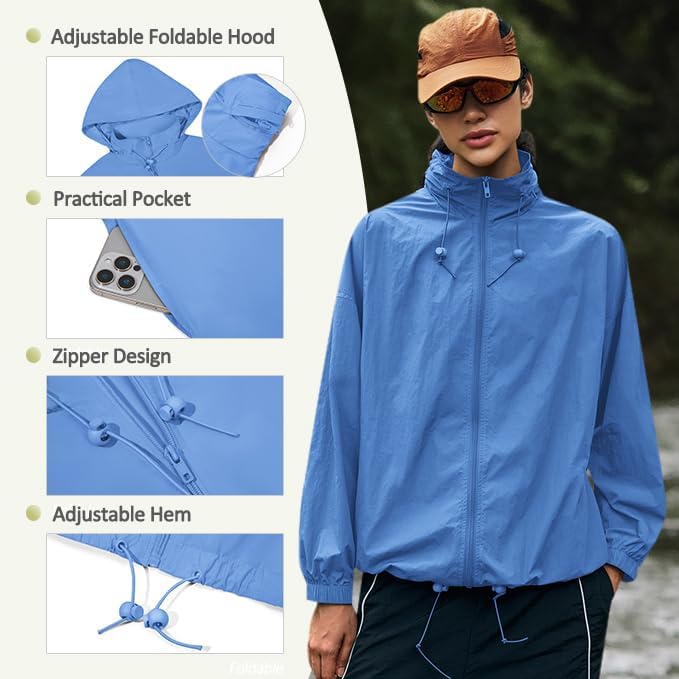 Yousify Womens Waterproof Rain Jackets Lightweight Zip Up Raincoat Outdoor Hiking Hooded Windbreaker with Pocket