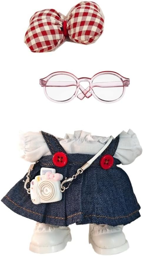 Clothes Dress for Dolls, 17cm La Booboo Doll Designer Clothes Dress Outfit Accessories with Denim Suspender Skirt, White Camera, Glasses, Shoes and Bow Hair Decor, NZ003