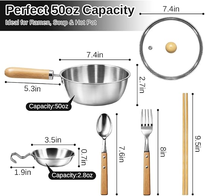 50oz Korean Ramen Pot Set, 18/8 Stainless Steel 7.5in Ramen Cooking Pot, Coating-Free One-Person Dining Set, Wooden Handle Bowl, Fork Spoon Chopsticks&Sauce Dish, Safe for Gas Stove