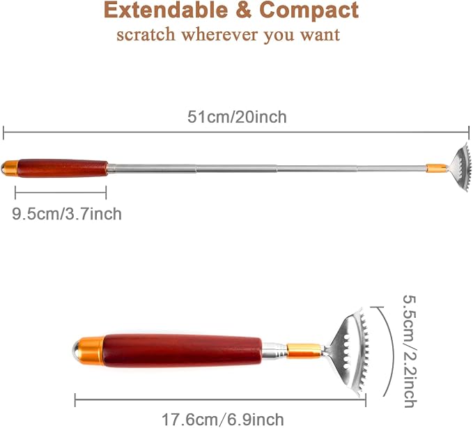 Back Scratcher for Women Men Adults Extendable with Roller Ball & Solid Wood Handle & Sturdy 304 Stainless Steel Claw, Handheld Massager for Face Neck Foot Body