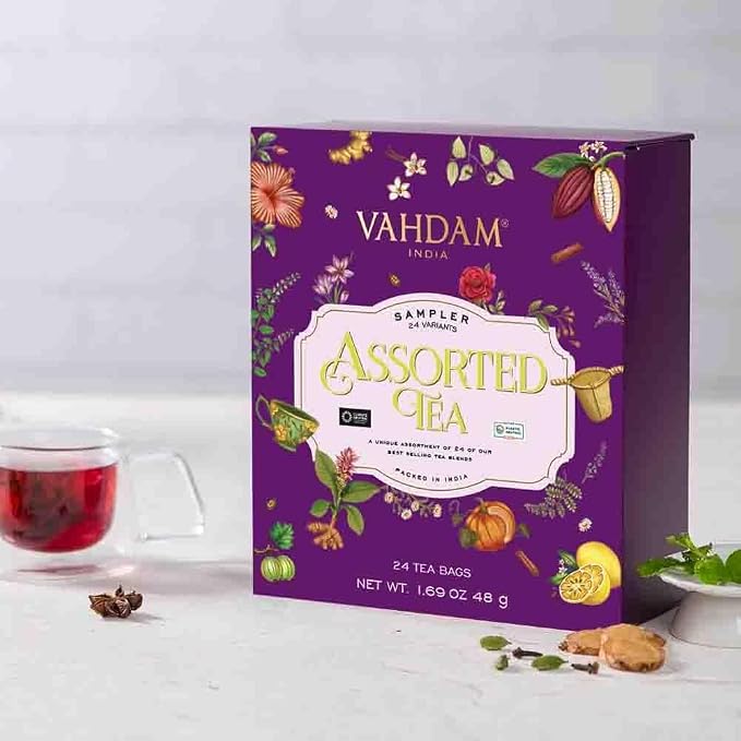 VAHDAM, Assorted Tea in Presentation Box (24 Variants, 24 Pyramid Tea Bags) Long Leaf Pyramid Variety Pack | Premium Tea Gifts | Gifts for Women & Men