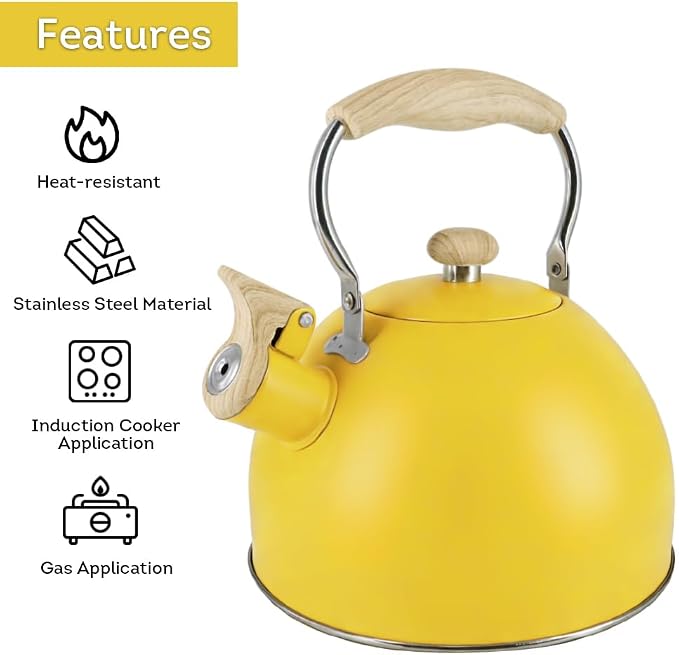 Lily's Home Whistling Tea Kettle, Teapot for Stovetop, Pleasant Whistle Sound, Heat Resistant Plastic Handle – Faux Wood Finish, Non Toxic Stove Kettle for Boiling Water - 2.5 Quarts (Yellow)