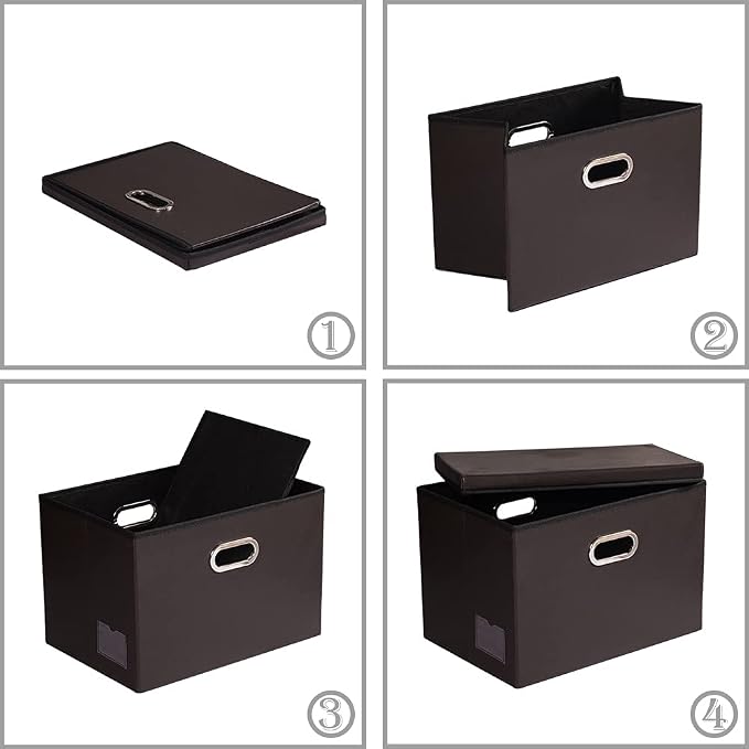 Large Foldable Storage Bins with Lids [3-Pack] Leather Fabric Collapsible Storage Boxes Organizer Containers Baskets Cube with Cover for Home Bedroom Closet Office Brown(17.7x11.8x11.8)