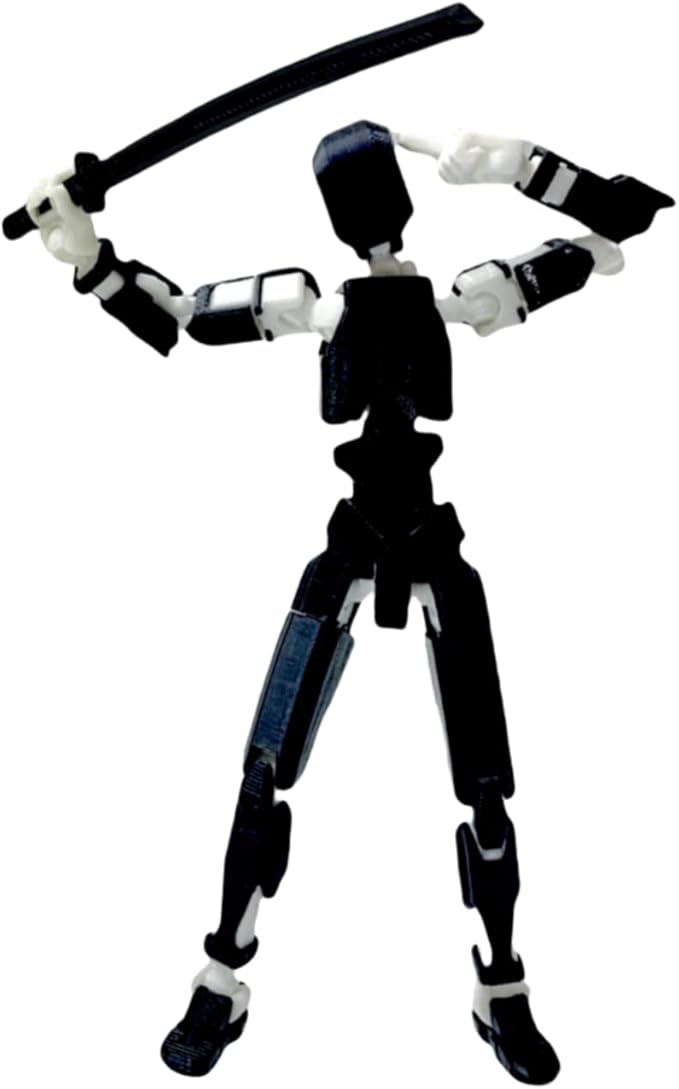 Pre-Assembly 3D Printed 5.54'' Dummy13 Action Figure, Multi-Jointed Tian13, Articulated T13 Desktop Decoration,12 in 1 Accessories, Best Birthday Festival Gift (Black White+Gold Black)