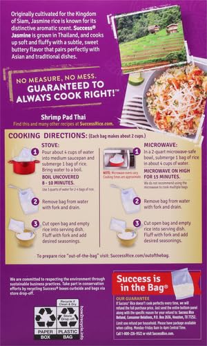 Success Boil-in-Bag Rice, Thai Jasmine Rice, 14-Ounce Box, Pack of 1 | Precooked rice bag for quick and easy meals, stovetop or microwave, ready in 10 minutes, gluten-free, kosher, non-GMO