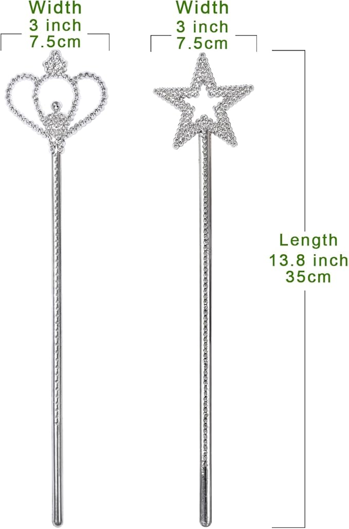 2 Pack Silver Princess Star Wand, Crown Wands Angel Magic Wand for Girls Birthday,Dress up and Halloween Costume Supplies (Silver Star Crown)