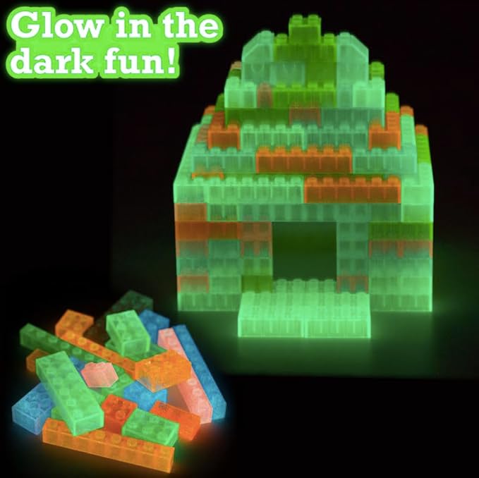 SCS Direct Building Block Bricks- Set of 1000 Pc Bulk- 7 Glow in The Dark Colors with 54 Roof Pieces - Compatible and Tight Fit with Major Brands- Great for Activity Table, School Projects