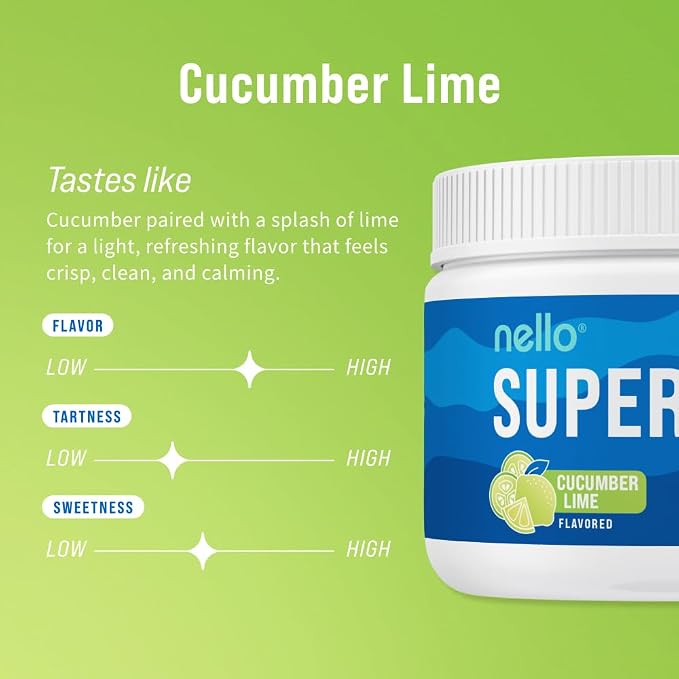 Nello Supercalm Powdered Drink Mix Tub, Cortisol Reducer* and Sleep Aid Supplement, L Theanine, Ksm-66 Ashwagandha, Magnesium Glycinate, Vitamin D 3, No Sugar, Non GMO, 30 Ct, Cucumber Lime