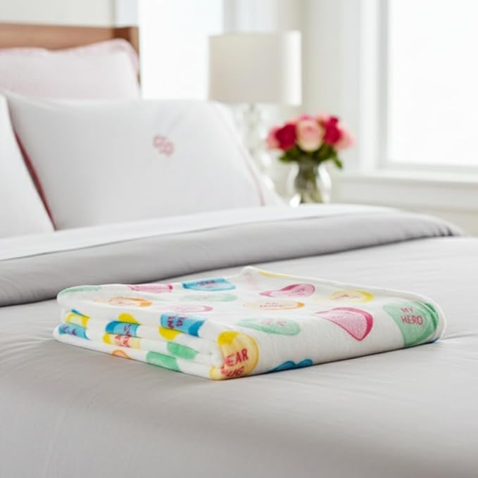 Sweethearts Candy Hearts Bedding Super Soft Plush Cozy Throw Blanket, 50 in x 70 in, (Officially Licensed Product) by Franco Collectibles