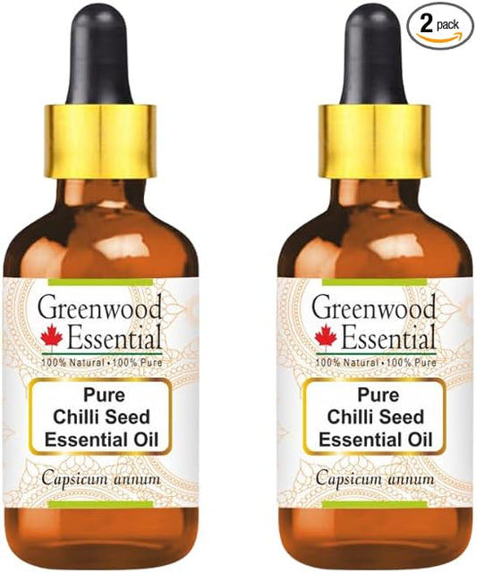 Greenwood Essential Chilli Seed Essential Oil (Capsicum annum) with Glass Dropper | Pure | Non-Sticky | Non-Greasy | Lightweight | Men & Women | All Skin Types | Steam Distilled 30ml X 2 (2 oz)